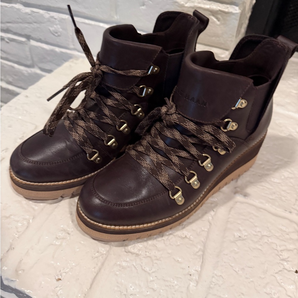 Cole Haan Dark Brown Leather Lace-Up Wedge Boots